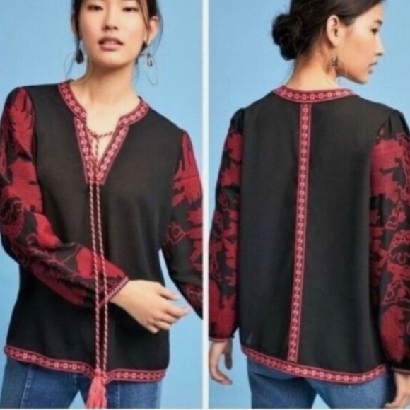 Anthropologie Maeve Black Red Umbra Embroidered Boho V-Neck Tassel Size Medium - Picture 1 of 3